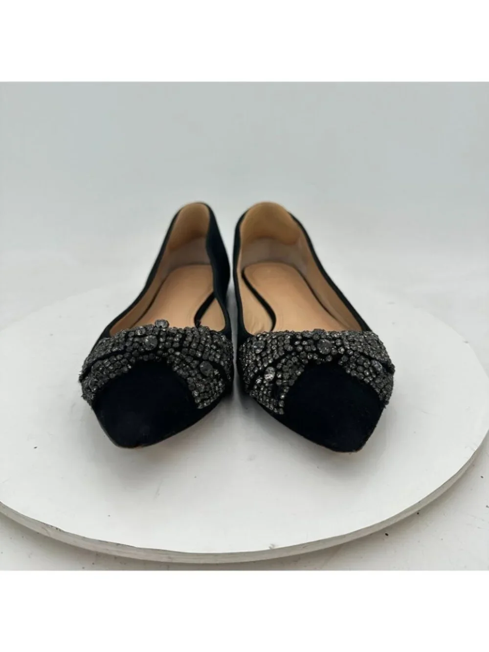 Tory Burch Vanessa Women Sz 8.5M Black Suede Pointed Toe Crystal Bow Flat Shoes